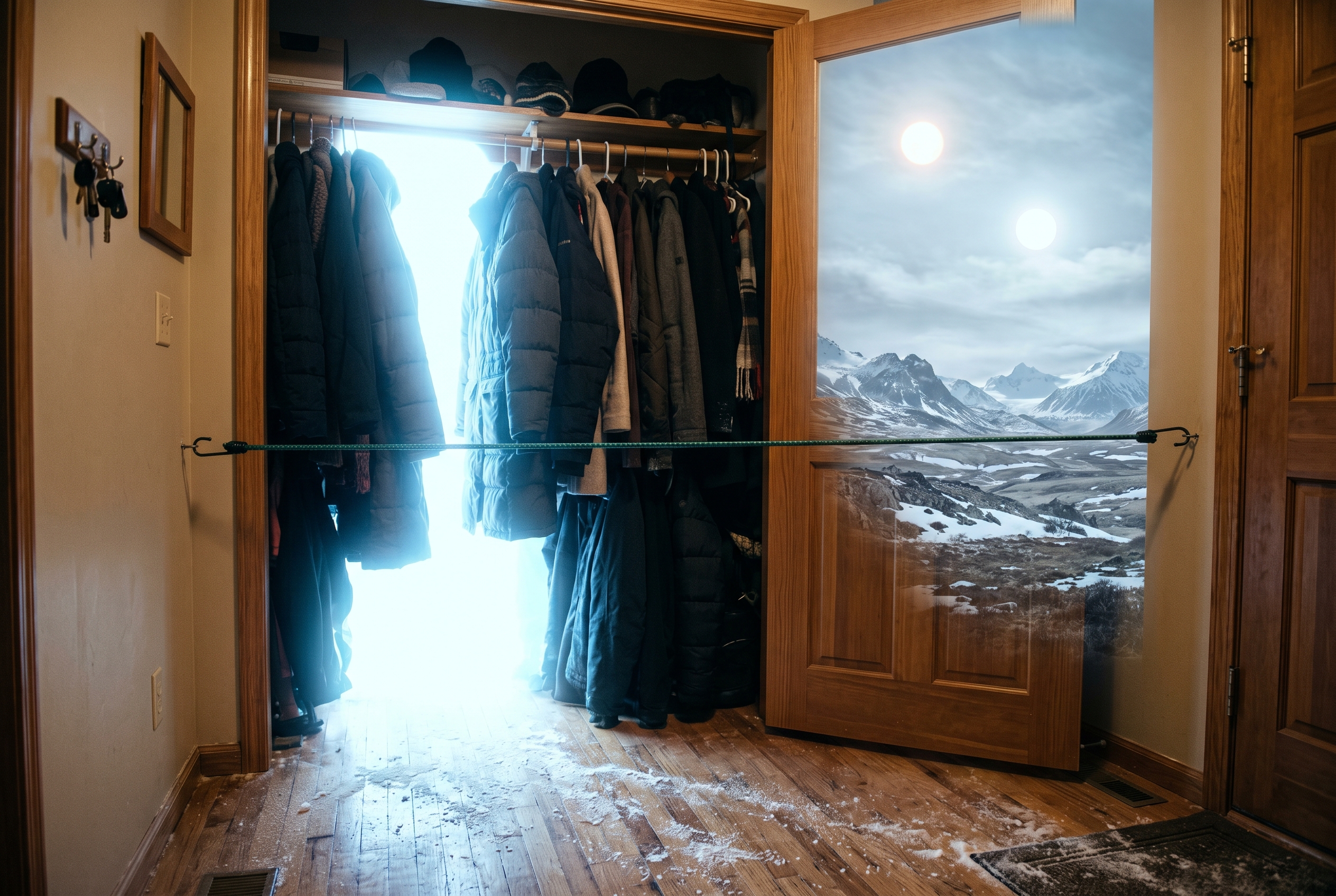 A residential coat closet with a glowing interdimensional portal revealing a frozen mountainous landscape, frost creeping into the hallway