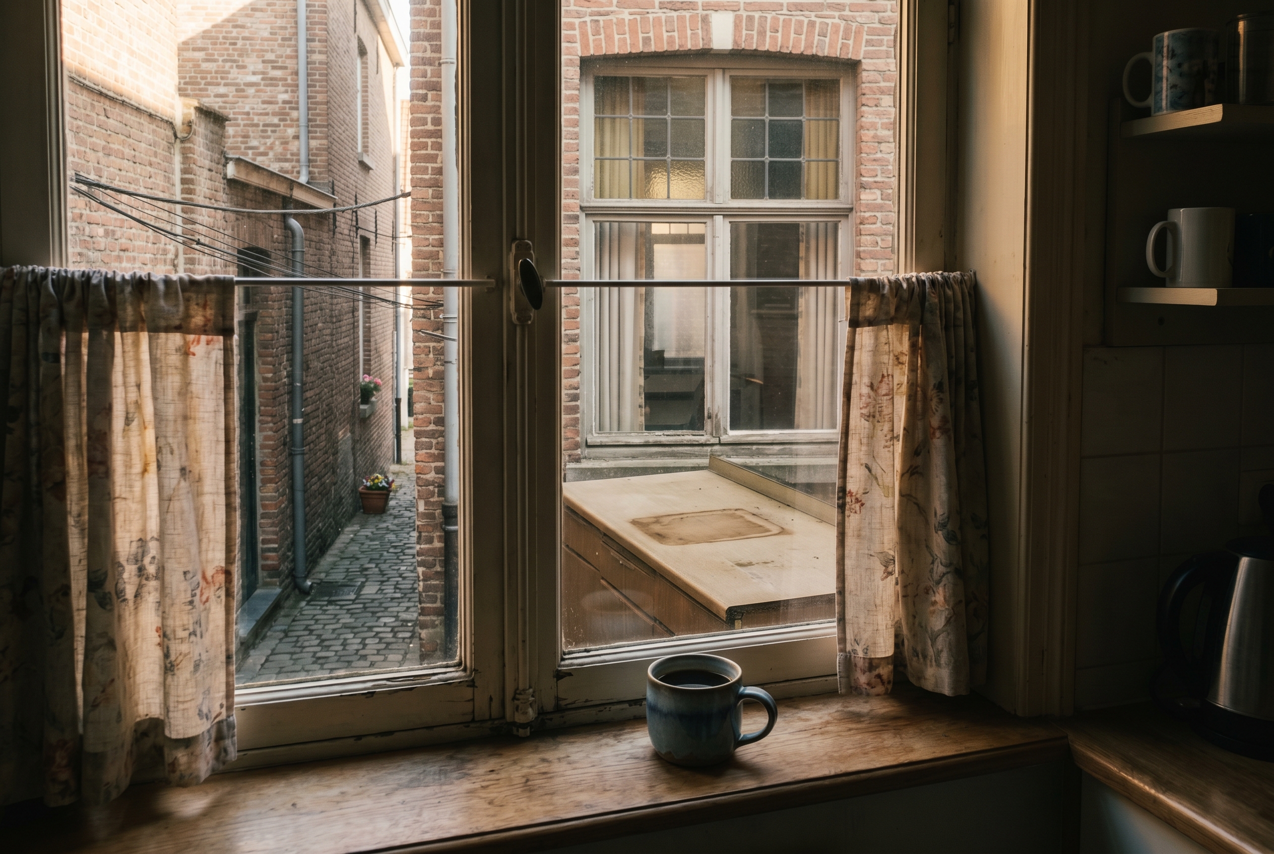 View through a kitchen window into a neighbor's empty kitchen at dusk