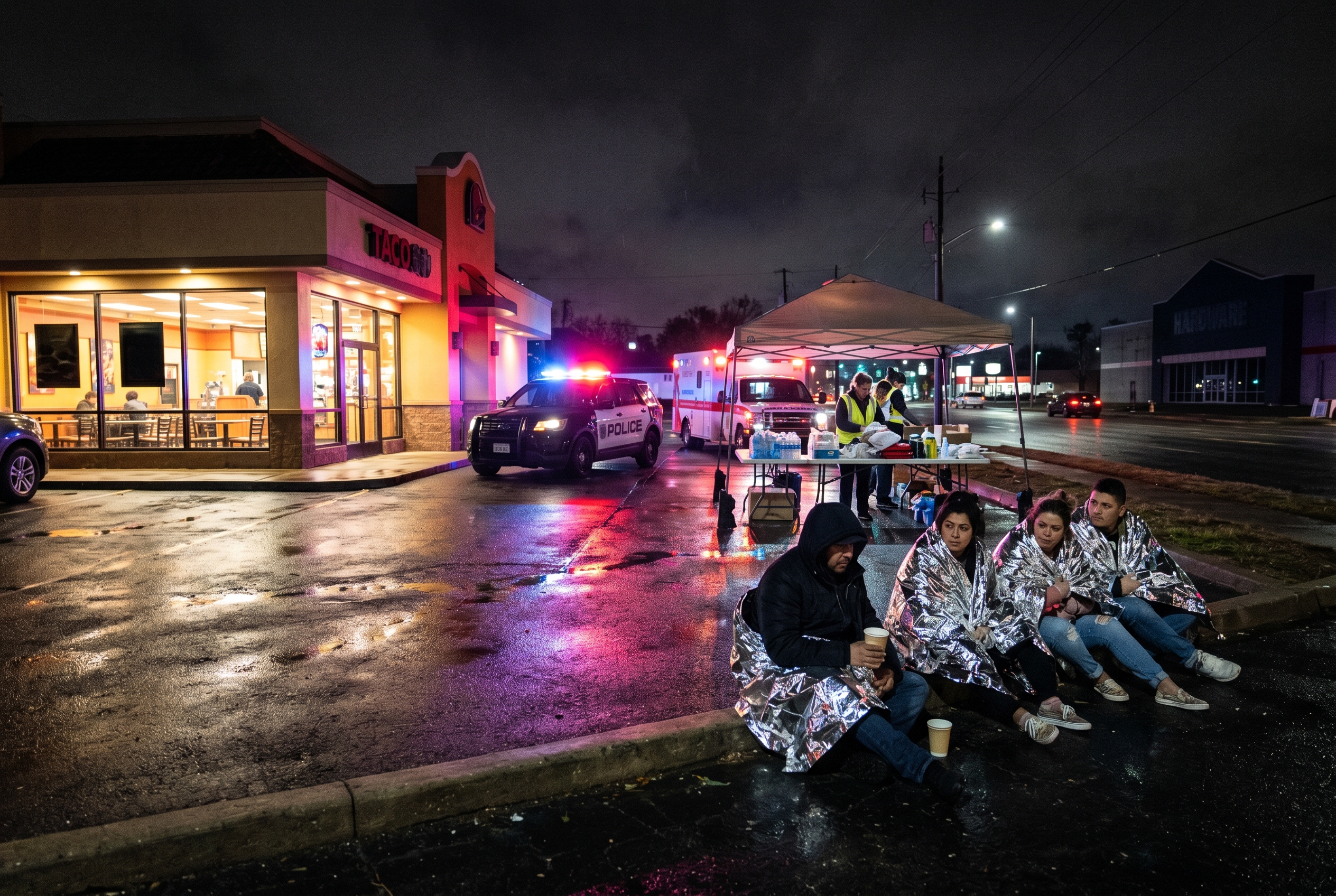 Emergency response personnel outside a Taco Baraco restaurant with caution tape